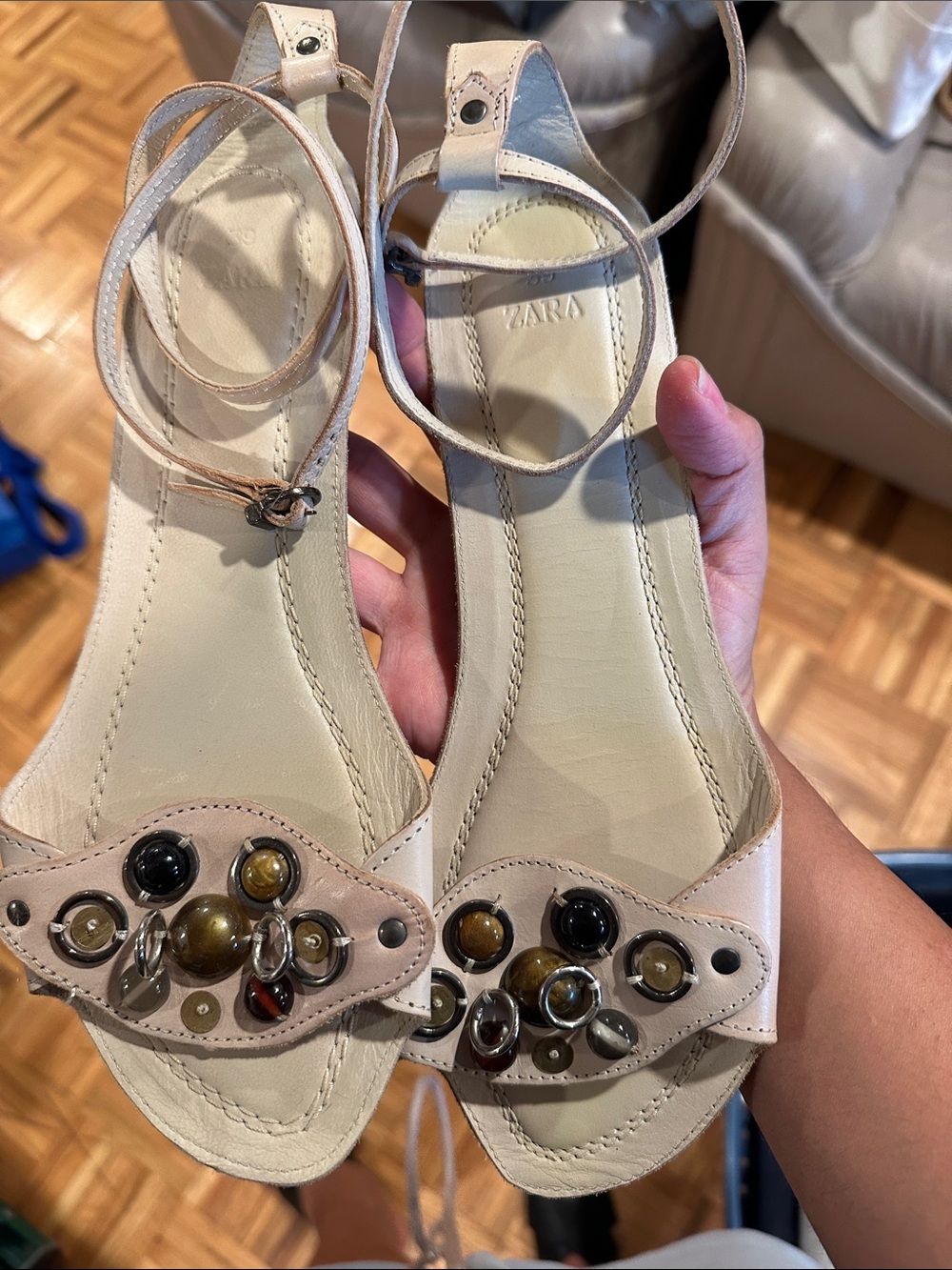 Zara Beige Ankle-Tie Sandals with Multitone Bead Accents